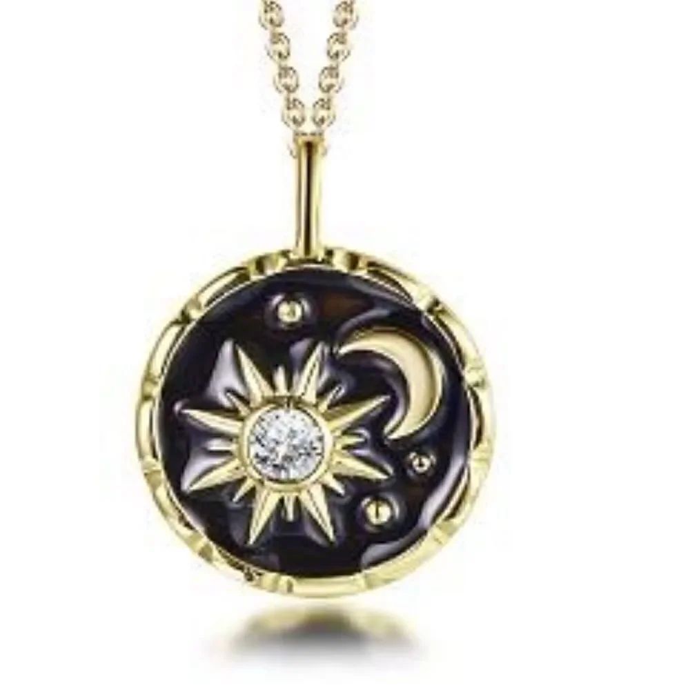 New Sterling silver 14k plated cubic zirconia black enamel moon star 18”necklace